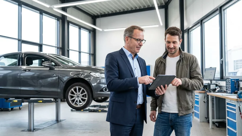 Kfz-Gutachter erklärt einem Kunden die Reparaturkosten eines beschädigten Autos in einer gut beleuchteten Werkstatt, professionelle Beratungssituation.