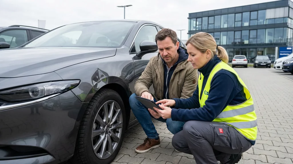 Autofahrer bespricht mit einem Kfz-Gutachter die Auswahlmöglichkeiten neben einem Unfallwagen in authentischer Werkstattumgebung