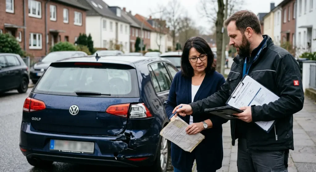 Unfallgeschädigter und Kfz-Sachverständiger besprechen den Ablauf der Schadensregulierung nach einem Unfall am beschädigten Fahrzeug