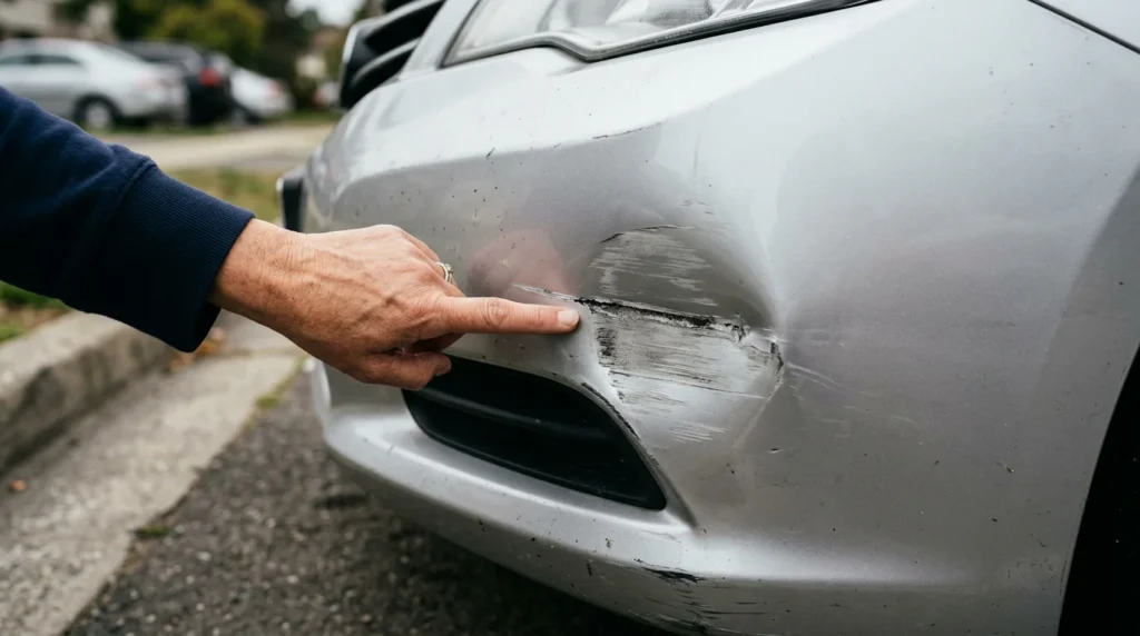 Kleiner Bagatellschaden am Auto mit Kratzer an der Stoßstange, geprüft vom Kfz-Gutachter